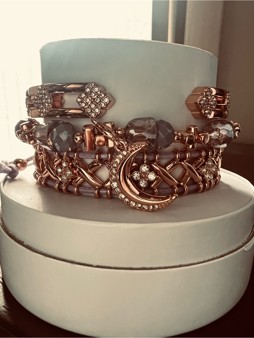 Rose Gold Moon & Crystal Stackable Bracelet Set